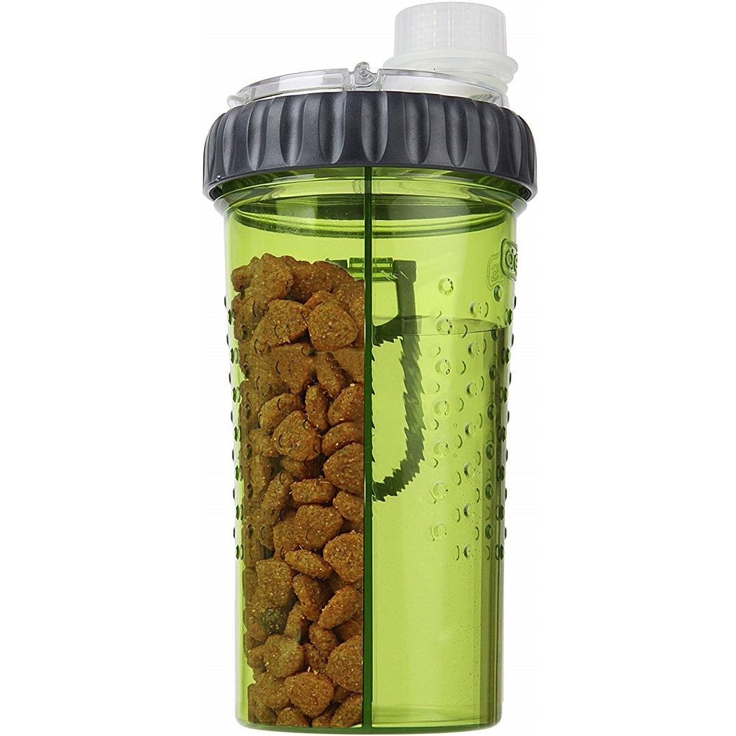 Two Chamber Dog Water & Snack Container, with Foldable Bowl
