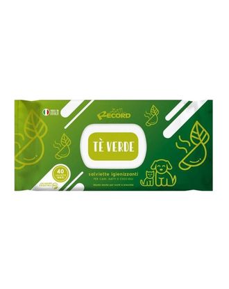 Record Salviette Te Verde 40szt. - uniwersalne chusteczki do czyszczenia sierści, oczu, uszu psa i kota, o zapachu zielonej herbaty