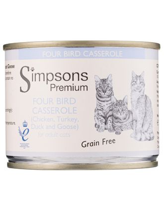 Simpsons Premium Cat Four Bird Casserole - bezzbożowa mokra karma dla kota, kurczak, indyk, kaczka i gęś - 200g