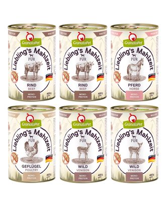 Zestaw karm GranataPet Pur 6x 400g - monoproteinowa bezzbożowa mokra karma dla psa, mix 4 smaków