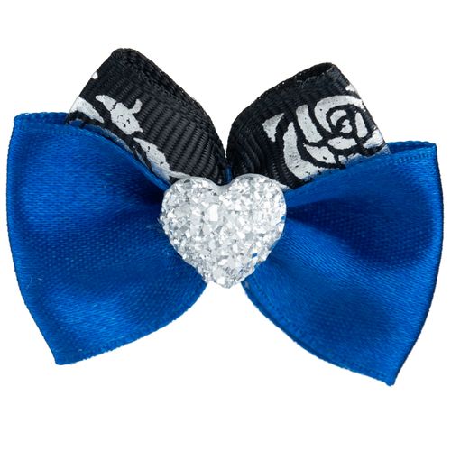 Blovi Bow Glamour kokardka niebieska z srebrnym sercem i motywem róży