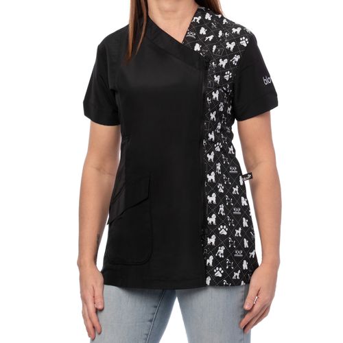 Blovi White Poodle Blouse - bluza groomerska z krótkim rękawem, damska, czarna ze wzorem w pudle