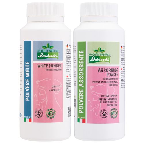 Baldecchi White Powder 100g + Absorbing Powder 90g - zestaw pudrów dla białych psów, do usuwania przebarwień z sierści i zacieków pod oczami