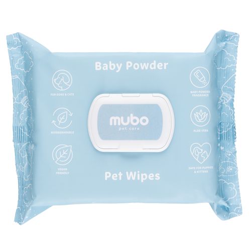 Mubo Baby Powder Pet Wipes - Aloe-Enriched, Biodegradable, for Sensitive Skin, 15x30cm