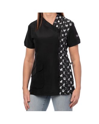 Blovi White Poodle Blouse - bluza groomerska z krótkim rękawem, damska, czarna ze wzorem w pudle