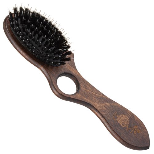 Blovi Brown Wood Brush 22cm - mała, owalna szczotka z włosiem naturalnym, rozczesywaczem i otworem na palec, dla ras długowłosych