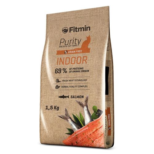 Fitmin Purity Indoor Salmon 1,5kg - pełnoporcjowa, bezzbożowa karma dla dorosłych kotów niewychodzących, z łososiem