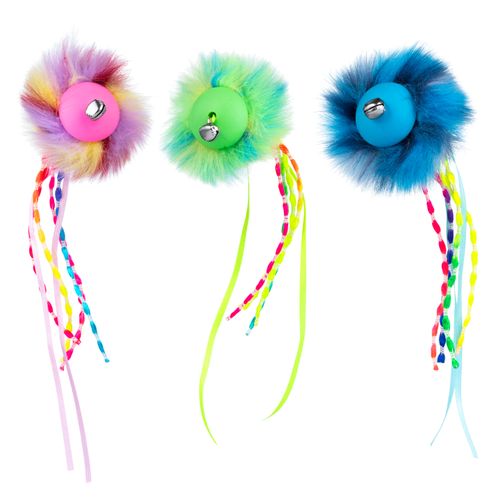 Flamingo Cat Howi Ball Ribbons - gumowa piłeczka dla kota, z futrem, wstążkami i dzwoneczkami