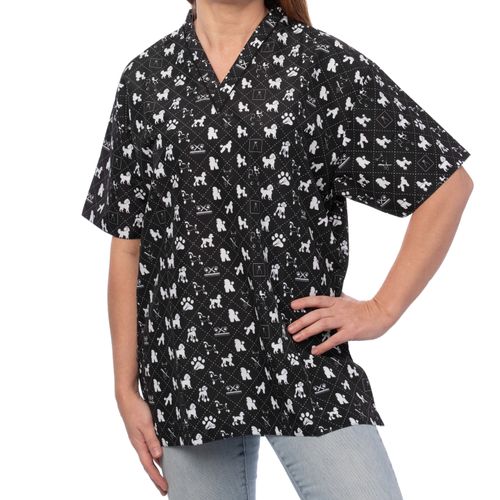 Blovi White Poodle Tunic - tunika groomerska z krótkim rękawem, unisex, czarna w białe pudle