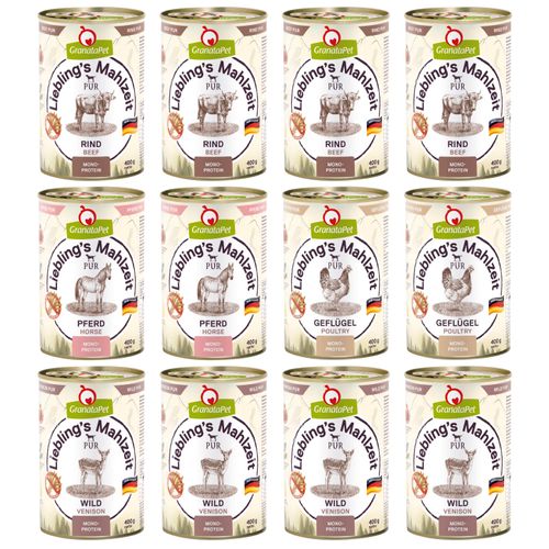 Zestaw karm GranataPet Pur 12x 400g - monoproteinowa bezzbożowa mokra karma dla psa, mix 4 smaków