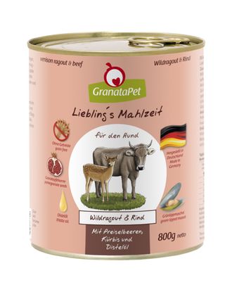 GranataPet Venison Ragout & Beef - bezzbożowa mokra karma dla psa, dziczyzna i wołowina - 800g
