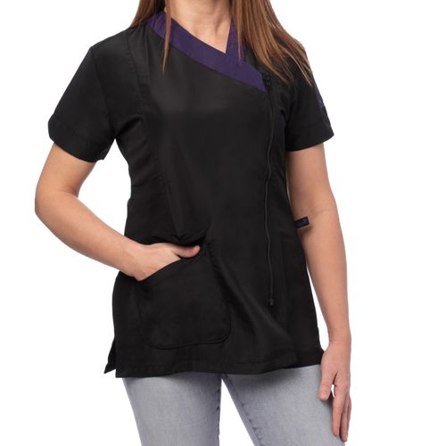 Blovi Diana Blouse Purple - bluza groomerska z krótkim rękawem, damska, czarna z fioletowym dekoltem i haftem