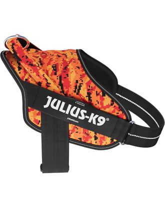 Julius-K9 Power & More Harness Pixeljuice - dog harness with an adaptive leash ring, orange pixels pattern