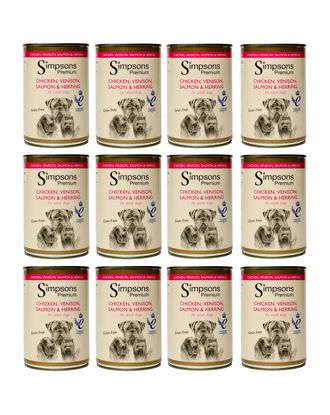 Simpsons Premium Chicken, Venison, Salmon & Herring - mokra karma dla psa, z kurczakiem, dziczyzną, łososiem, śledziem i warzywami, bez zbóż - 12x 400g