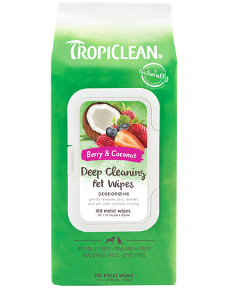 Tropiclean Deep Cleaning Pet Wipes Berry & Coconut 100szt. - oczyszczające, nawilżane chusteczki dla psa, o zapachu jagody-kokosa