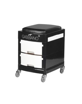 Gabbiano 16-1 - pomocnik groomerski z siedziskiem, na kółkach, 2 szuflady, 2 boczne pojemniki, czarno-biały