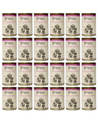 Simpsons Premium Puppy Turkey, Duck & Venision Casserole - mokra karma dla szczeniąt, z indykiem, kaczką, dziczyzną i warzywami, bez zbóż - 24x 400g