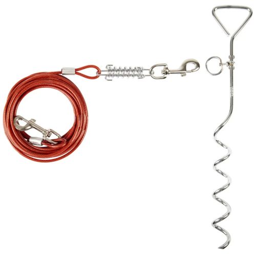 Flamingo Tie Out Stake Pilka 46cm - metalowy palik do uwiązania psa, ze stalową linką treningową 7,5m i amortyzatorem
