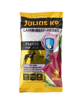 Julius-K9 Meaty Strips Beef-Lamb 70g - mięsne przysmaki dla psa z ziołami