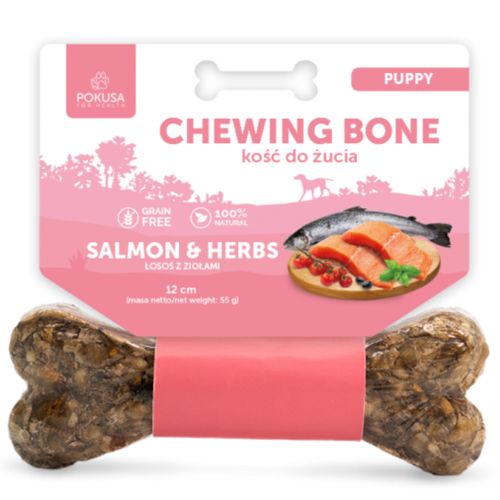Pokusa Puppy Chewing Bone 55g - kość wołowa dla szczeniąt z łososiem, pomidorem, oliwkami i ziołami