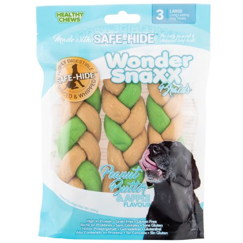 Wonder Snaxx Braids Large 3szt. - przysmak dla psa, gryzak z wołowej skóry, masło orzechowe i jabłko