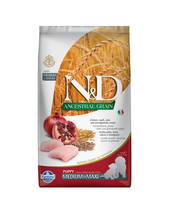 Farmina N&D Ancestral Grain Chicken & Pomegrante Puppy Medium & Maxi - pełnowartościowa karma dla szczeniąt średnich i dużych ras, z prazbożami, kurczakiem i granatem