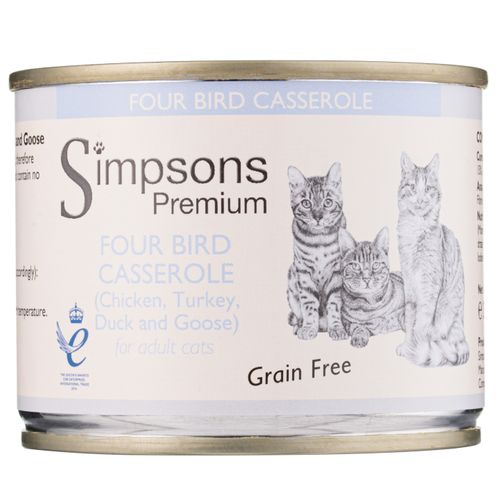 Simpsons Premium Cat Four Bird Casserole 200g - bezzbożowa mokra karma dla kota, kurczak, indyk, kaczka i gęś