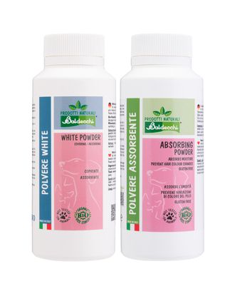 Baldecchi White Powder 100g + Absorbing Powder 90g - zestaw pudrów dla białych psów, do usuwania przebarwień z sierści i zacieków pod oczami