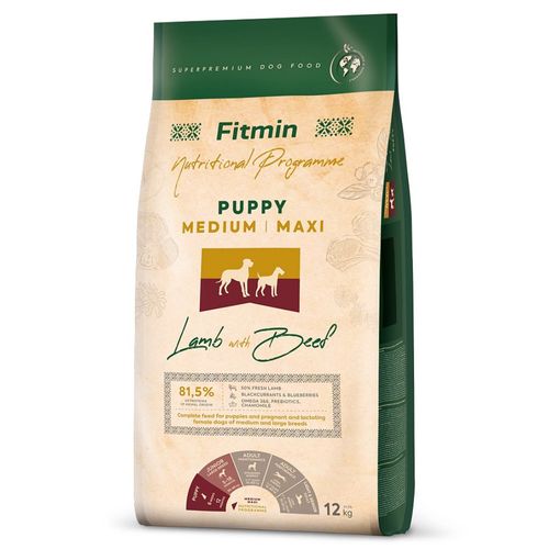 Fitmin Puppy Medium / Maxi Puppy Lamb & Beef 12kg - karma dla szczeniąt oraz suk ciężarnych i karmiących, dla średnich i dużych ras, jagnięcina z wołowiną