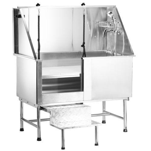 Blovi Free Standing Stainless Bath - stalowa wanna groomerska ze schodkami i przesuwnymi drzwiczkami z lewej strony