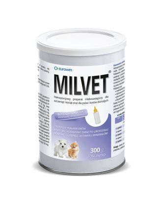 Eurowet Milvet to pełnoporcjowy preparat mlekozastępczy dla szczeniąt oraz dorosłych psów i kotów.
