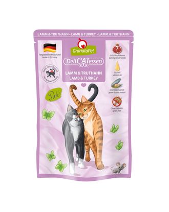 GranataPet DeliCatessen Lamb & Turkey - bezzbożowa mokra karma z jagnięciną i indykiem, saszetki dla kota - 85g