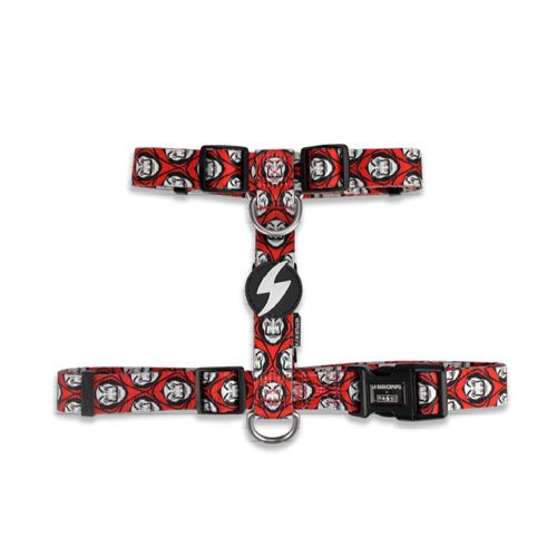 Dashi La Casa De Papel Mask Back Harness - regulowane szelki guard dla psa, motyw z serialu Dom z Papieru, czerwono-czarne