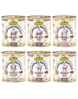 Zestaw karm GranataPet Pur 6x 800g - monoproteinowa bezzbożowa mokra karma dla psa, mix 4 smaków