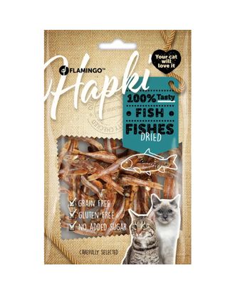Flamingo Hapki Dried Fish to aromatyczne, suszone rybki dla kota. Podaruj swojemu pupilowi pyszne i aromatyczne przysmaki, które pokocha i nie będzie potrafił się od nich oderwać. Smaczki dla kotów od 3 miesiąca życia.