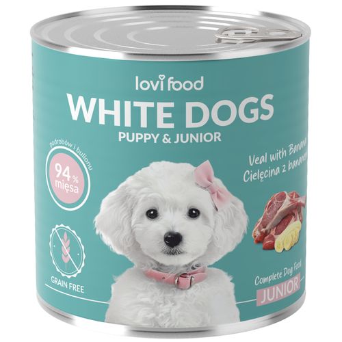 Lovi Food White Dogs Junior & Puppy Veal & Banana 800g - mokra karma dla szczeniaka i juniora, dla białych ras, z cielęciną i bananem