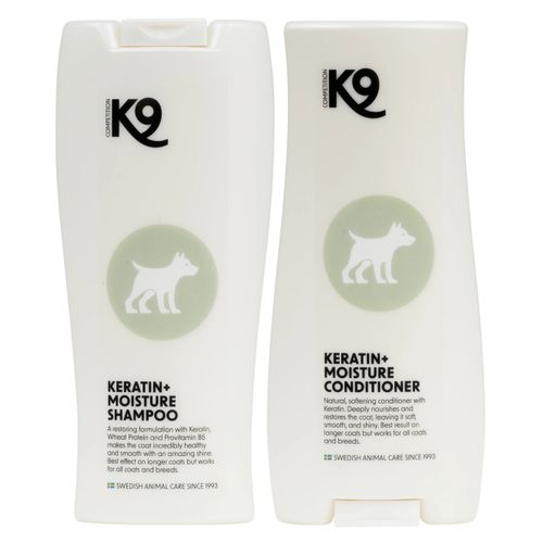 K9 Keratin+ Moisturizing Set - zestaw szampon + odżywka z keratyną, regenerująco-nawilżający sierść psa i kota