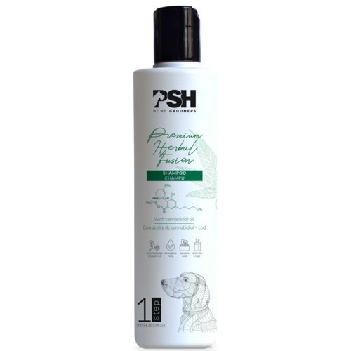 Szampon dla psa, PSH Herbal Fushion Shampoo, z linii Home, przeznaczonej do domowego użytku. Produkt przygotowany myślą o pielęgnacji czworonogów z sierścią wymagająca odżywienia i nawilżenia. Zawiera zawiera olej z konopi siewnej, hydrolizowane drożdże o