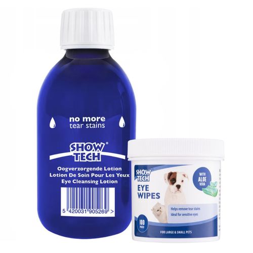 Show Tech No More Tear Stains 250ml + Show Tech Eye Wipes 100szt. - zestaw do pielęgnacji oraz usuwania przebarwień pod oczami