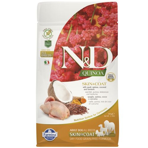 Farmina N&D Quinoa Skin & Coat Quail & Coconut Adult All Breeds 800g - karma dla psów alergików, z przepiórką i kokosem