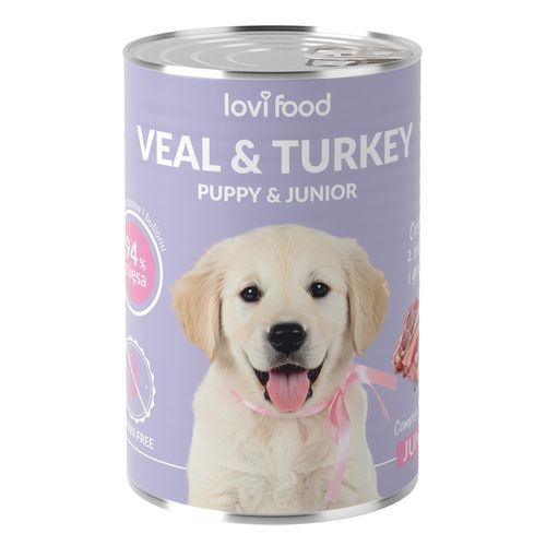 Lovi Food Junior & Puppy Veal & Turkey 400g - mokra karma dla szczeniaka i juniora, z cielęciną, indykiem i gruszką