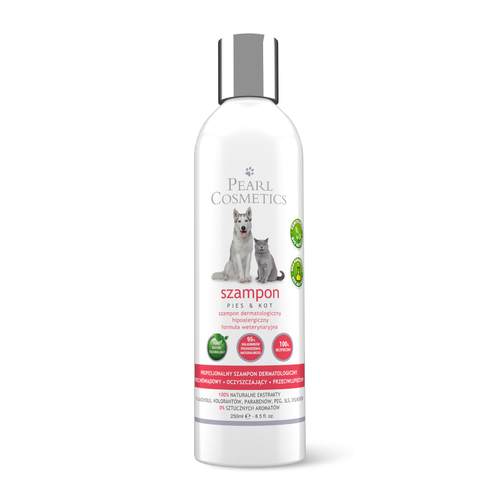 Pearl Cosmetics Shampoo SLS Free 250ml - oczyszczający szampon dermatologiczny z naturalnymi wyciągami roślinnymi,  dla psa i kota