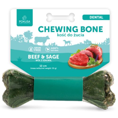 Pokusa Dental Chewing Bone 55g - kość wołowa dla psa, wspiera zdrową jamę ustną, z szałwią i penisami wołowymi