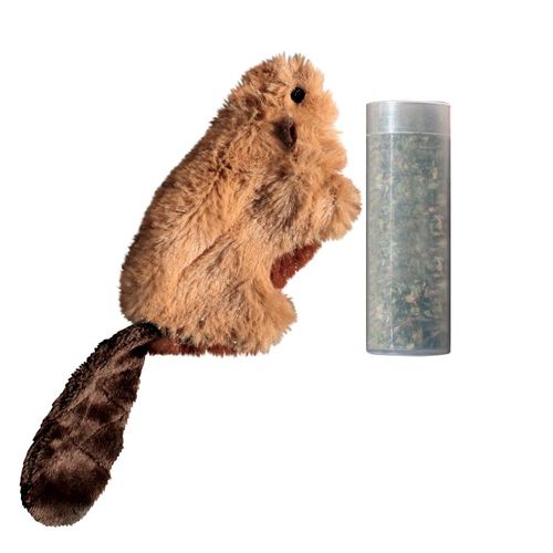 KONG Cat Refillables Catnip Beaver - mała zabawka z kocimiętką dla kota, pluszowy bóbr z zapasem kocimiętki