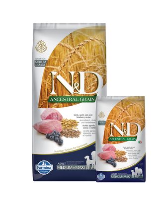 Farmina N&D Ancestral Grain Lamb & Blueberry Adult Medium & Maxi - pełnowartościowa karma dla dorosłych psów średnich i dużych ras, z prazbożami, jagnięciną i borówkami