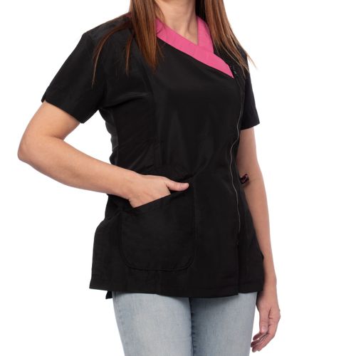 Blovi Diana Blouse Pink - bluza groomerska z krótkim rękawem, damska, czarna z różowym dekoltem i haftem