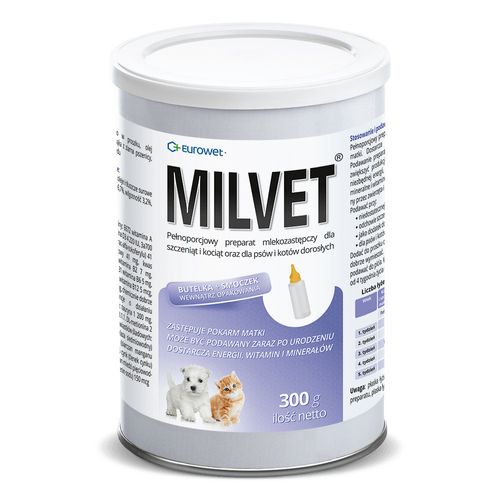 Eurowet Milvet to pełnoporcjowy preparat mlekozastępczy dla szczeniąt oraz dorosłych psów i kotów.