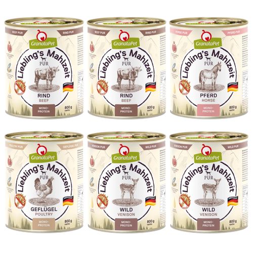 Zestaw karm GranataPet Pur 6x 800g - monoproteinowa bezzbożowa mokra karma dla psa, mix 4 smaków