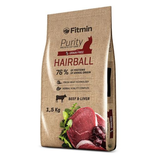 Fitmin Purity Hairball Beef & Liver 1,5kg - pełnoporcjowa, bezzbożowa karma dla kotów długowłosych, wołowina z wątróbką