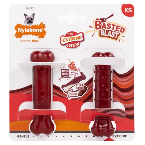 Nylabone Power Chew Basted Blast Bone 2szt. - twardy gryzak dla małego psa, dwusmakowa kość, bekon i stek, mały, zestaw